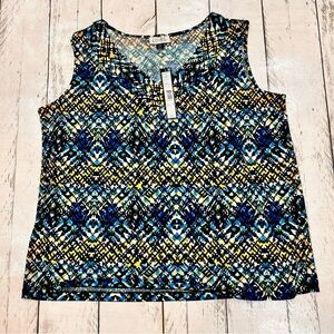 Sz 1X Tahari NWT Sleeveless Geometric Print Women's Tank Top in Blue & Yellow